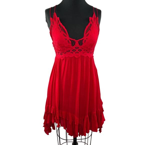 Free People FP One Adella Slip Dress Red Boho Crochet Lace Bralette Smocked XS - Picture 1 of 10